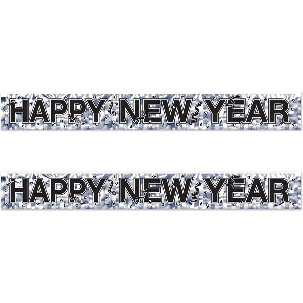 image:imageBeistle Metallic Happy New Year Fringe Banners 2Pack Silver Foil NYE Party Decorations Shimmering Indoor and Outdoor New Years Eve Celebration Wall Table and Entrance Dcor 7 x 5 Each