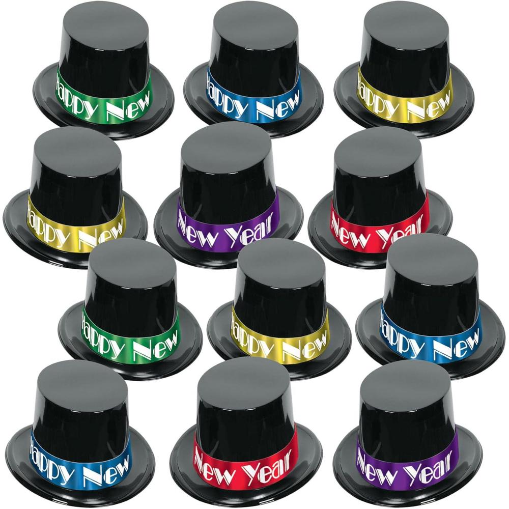 image:imageBeistle Midnight Magic New Year Toppers  12 Pack Black Plastic Top Hats with Assorted Foil Bands Classic New Years Eve Celebration Headwear One Size Fits Most Adults
