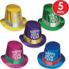 Beistle Foil Hi Hat with Glittered Happy New Year – 5 Pack, Assorted Color Metallic Cone Hats with Silver Glitter Accents for New Year’s Eve Celebrations, Midnight Countdowns, and Holiday Events
