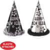 Beistle Happy New Year Party Hats for 25 – Black and Silver Cone Hats with Star Design, Fringe Trim, and Elastic Bands, Festive NYE Headwear for Countdown Events, Midnight Celebrations Parties