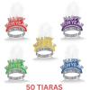 Beistle Happy New Year Swing Tiaras – 50 Count Assorted Color New Year’s Eve Headbands with White Feather Plumes for NYE Midnight Countdown Celebrations, Parties, and Group Events, Adult Size