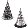 Beistle Happy New Year Party Hats for 25 – Black and Silver Cone Hats with Star Design, Fringe Trim, and Elastic Bands, Festive NYE Headwear for Countdown Events, Midnight Celebrations Parties
