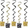 Beistle Happy New Year Whirls, 5 Count, Black and Gold Metallic Hanging NYE Decorations with HNY Cutouts, Festive New Year’s Eve Celebration Party Décor, 33”(Black/Gold)