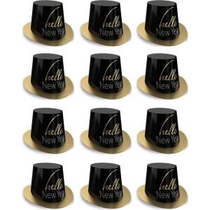 Beistle 12 Piece Durable Cardstock Paper Elegant Hello New Years Eve Top Hats HNY Party Favors, NYE Supplies, Headwear Photo Booth Props, One Size, Gold/Black