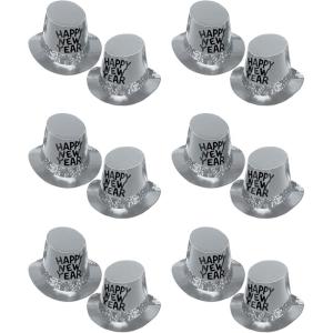 Beistle 12 Piece Silver Happy New Year Top Hats For NYE Party Supplies