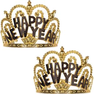 Beistle 2 Piece Black & Gold Plastic Happy New Year Tiaras with Combs Attached, NYE Party Favors for Photo Booth Props