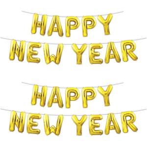 Beistle 2 Piece Gold Mylar Foil NYE Letter Balloon Banners For Happy New Year Party Decorations