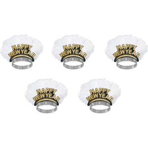 Beistle 5 Piece Happy New Year Bird of Paradise Headband Tiaras Holiday Photo Booth Props Party Favors and Supplies, One Size, Black/Gold/White