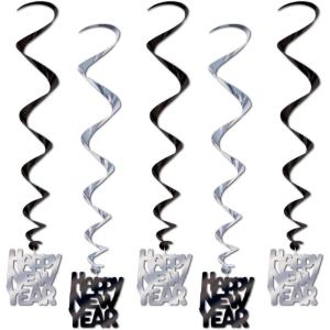 Beistle Black and Silver Happy New Year Whirls, 33-Inch, 5 Per Package,Black/Silver(5 piece)
