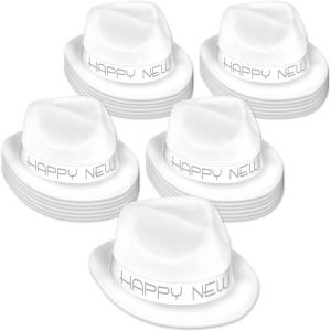 Beistle Chairman White Hats for New Year’s Eve, 25-Pack – Plastic-Backed Velour Fedoras with Silver HNY Lettering, Classic Countdown Party Headwear for Elegant NYE Celebrations and Formal Events