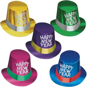 Beistle Foil Hi Hat with Glittered Happy New Year – 5 Pack, Assorted Color Metallic Cone Hats with Silver Glitter Accents for New Year’s Eve Celebrations, Midnight Countdowns, and Holiday Events
