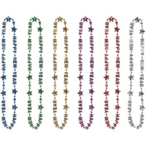 Beistle Happy New Year Beads of Expression – 12 Pack, Metallic Bead Necklaces with Star Accents, Assorted Colors Celebration Jewelry for New Year’s Parties & NYE Events, 36”(Assorted Color)