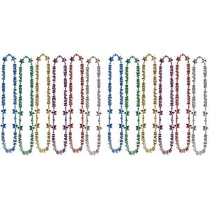 Beistle Happy New Year Beads of Expression – 12 Pack, Metallic Bead Necklaces with Star Accents, Assorted Colors Celebration Jewelry for New Year’s Parties & NYE Events, 36”(Assorted Colors (12-Pack))