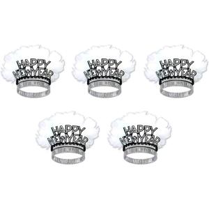 Beistle Happy New Year Bird of Paradise Tiaras – 5-Pack Black and Silver Printed Headbands with White Feathers, Snap-On Adult Novelty Headwear for New Year’s Eve Celebrations and Midnight Countdowns