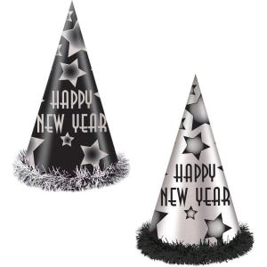 Beistle Happy New Year Party Hats for 25 – Black and Silver Cone Hats with Star Design, Fringe Trim, and Elastic Bands, Festive NYE Headwear for Countdown Events, Midnight Celebrations Parties