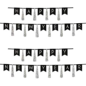 Beistle Happy New Year Tassel Streamer 2 Piece, 13″ x 6′ & 13″ x 9′, Black/Silver