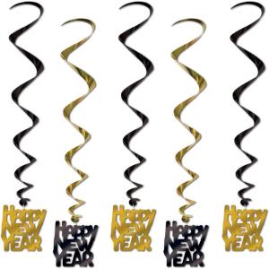 Beistle Happy New Year Whirls, 5 Count, Black and Gold Metallic Hanging NYE Decorations with HNY Cutouts, Festive New Year’s Eve Celebration Party Décor, 33”(Black/Gold)