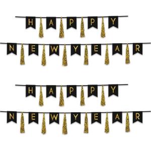 Beistle Happy New Years Eve Tassel Banners 2 Piece Hanging Decorations, 13″ x 6′ & 13″ x 9′, Black/Gold