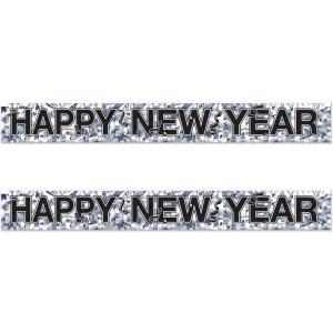 Beistle Metallic Happy New Year Fringe Banners – 2-Pack Silver Foil NYE Party Decorations, Shimmering Indoor and Outdoor New Year’s Eve Celebration Wall, Table, and Entrance Décor, 7½” x 5′ Each