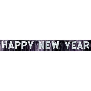 Metallic Happy New Year Banner (black w/silver gltrd white ltrs) Party Accessory  (1 count) (1/Pkg)(Black/White)