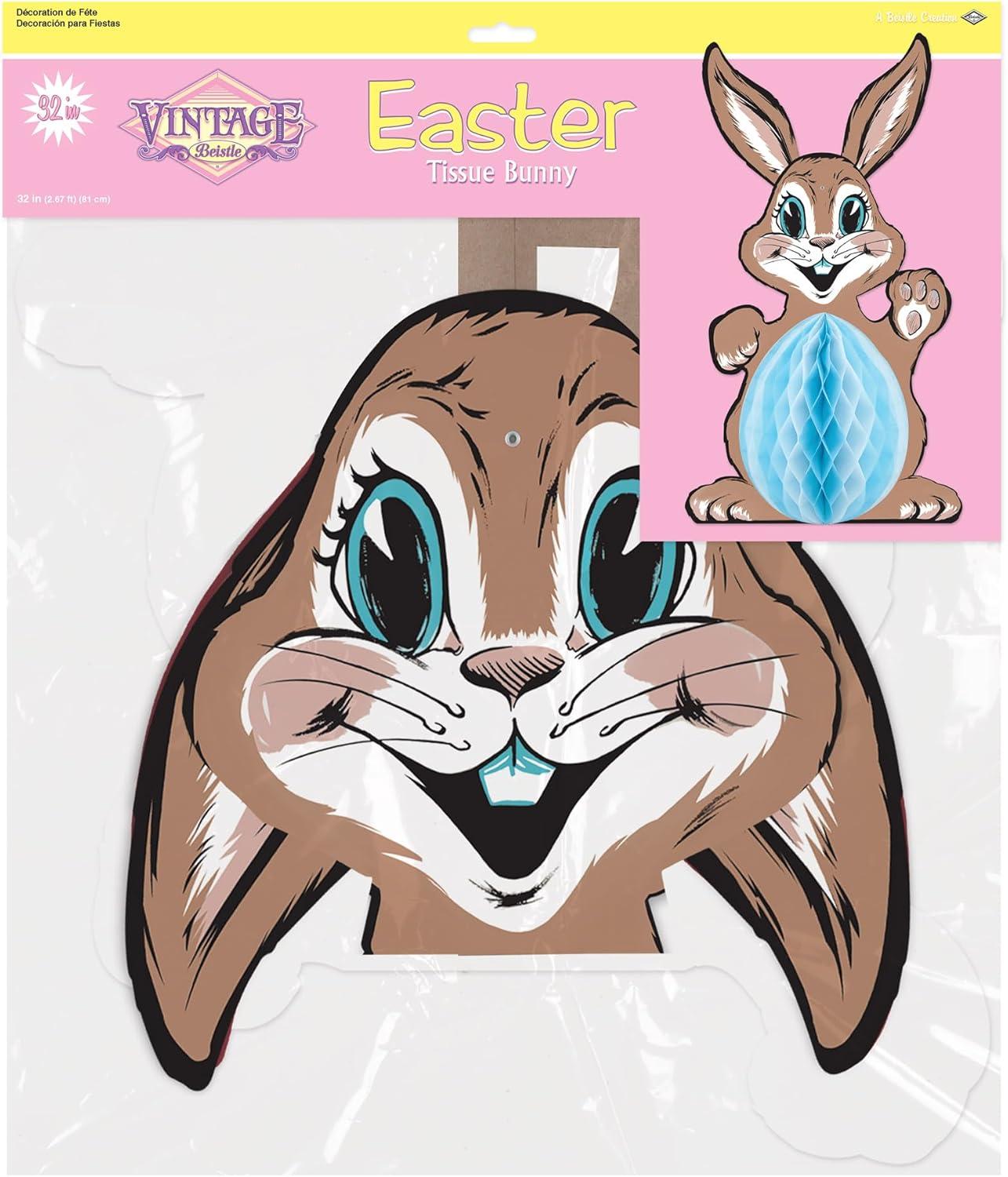 image:imageBeistle Vintage Easter Tissue Bunny Standup Decoration  Printed Boardstock Rabbit with Blue and White Honeycomb Tissue Belly SelfLocking Easel Spring Holiday Table Dcor 32 Inch