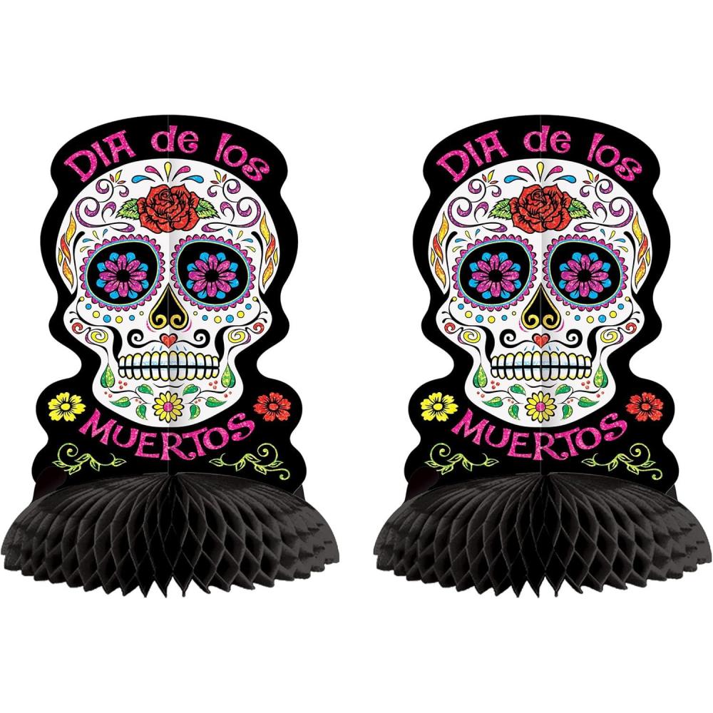 image:imageBeistle Day of the Dead Centerpieces  2Pack DoubleSided Sugar Skull Decorations with Sparkle Print Boardstock and Black Tissue Base Da de los Muertos Table Dcor Mexican Heritage Display 10