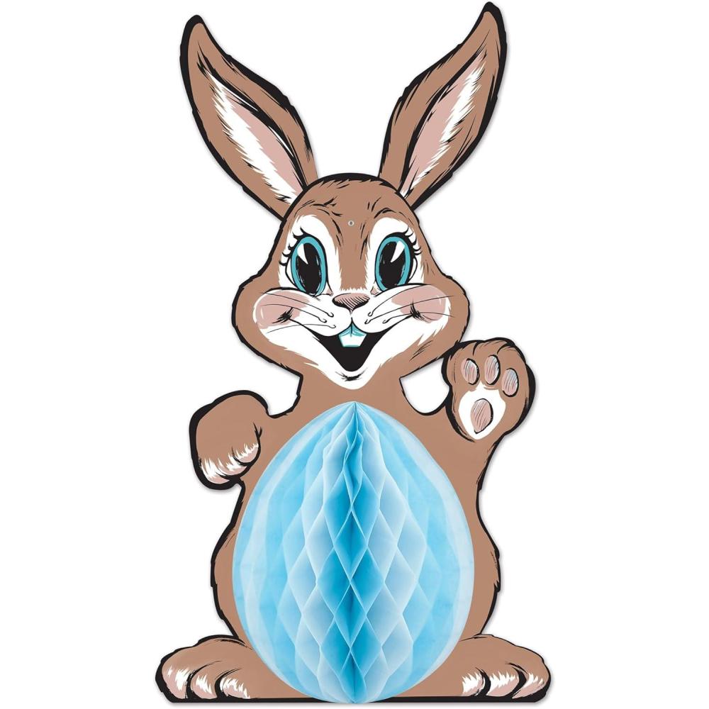 image:imageBeistle Vintage Easter Tissue Bunny Standup Decoration  Printed Boardstock Rabbit with Blue and White Honeycomb Tissue Belly SelfLocking Easel Spring Holiday Table Dcor 32 Inch