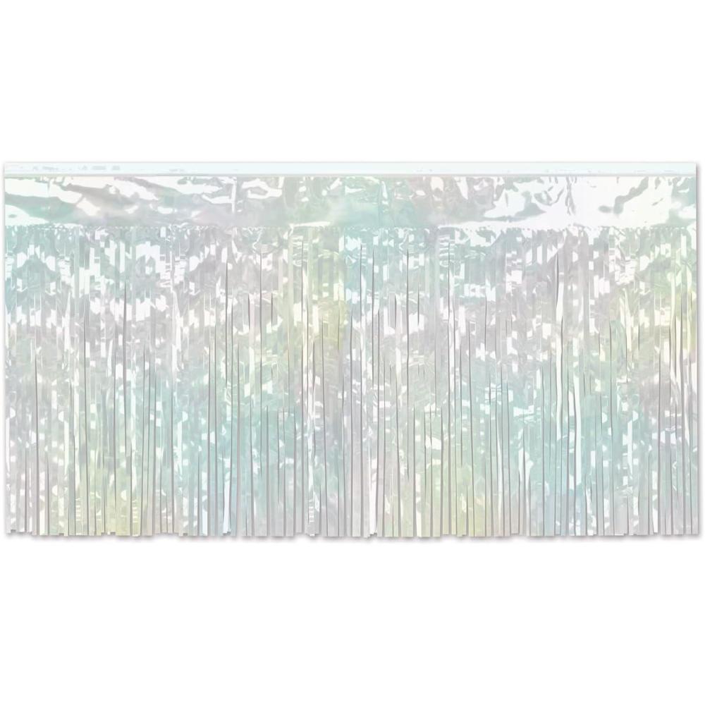 image:imageMetallic Curtains for Parties 2 Ply Flame Resistant Opalescent Fringe Table Skirt 30 Inch x 14 Feet Pack 6