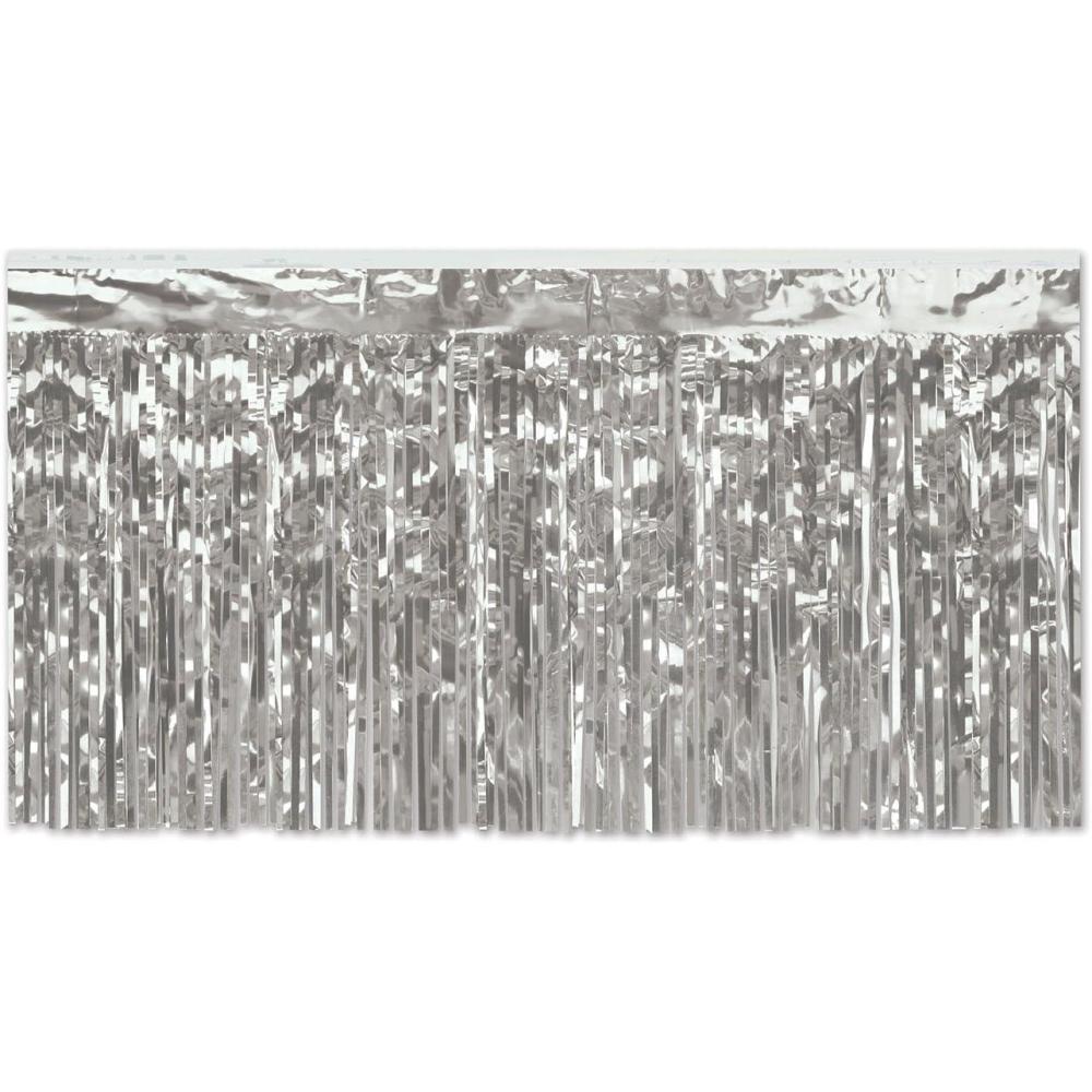 image:imageMetallic Curtains for Parties 2 Ply Flame Resistant Silver Fringe Table Skirt 30 Inch x 14 Feet Pack 6