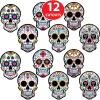 Beistle Day of the Dead Sugar Skull Cutouts – 12-Pack Double-Sided Printed Cardstock Decorations with 6 Colorful Designs for Dia de los Muertos Altars, Walls and Halloween Celebrations, 8¾” x 6¼”