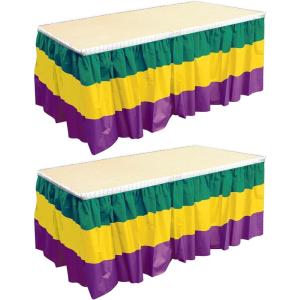 Beistle 2 Piece 29″ x 14′ Mardi Gras Table Skirts – Green, Gold, Purple Festive New Orleans Theme Decorations, Carnival Celebrations, Masquerade Party Supplies
