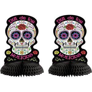 Beistle Day of the Dead Centerpieces – 2-Pack Double-Sided Sugar Skull Decorations with Sparkle Print Boardstock and Black Tissue Base, Día de los Muertos Table Décor, Mexican Heritage Display, 10¾”
