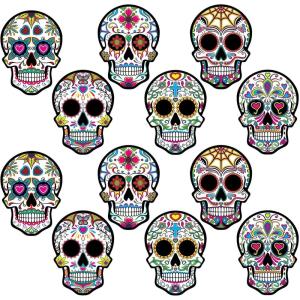 Beistle Day of the Dead Sugar Skull Cutouts – 12-Pack Double-Sided Printed Cardstock Decorations with 6 Colorful Designs for Dia de los Muertos Altars, Walls and Halloween Celebrations, 8¾” x 6¼”