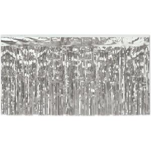 Metallic Curtains for Parties, 2 Ply Flame Resistant Silver Fringe Table Skirt 30 Inch x 14 Feet, Pack 6