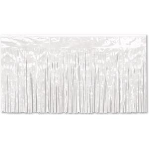 Metallic Curtains for Parties, 2 Ply Flame Resistant White Fringe Table Skirt 30 Inch x 14 Feet, Pack 6