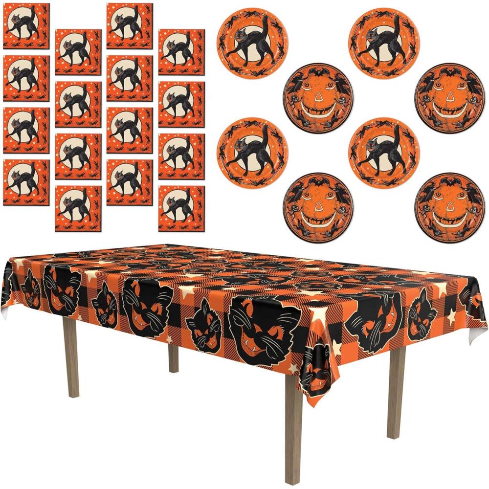 image:imageBeistle Vintage Halloween Party Tableware Bundle  Fabric Scratch Cat Tablecover Paper Plates amp 2Ply Luncheon Napkins Retro Orange amp Black Dcor Classic Decorations for Spooky Halloween Parties