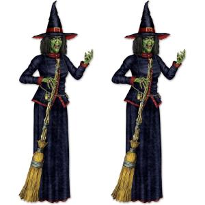 Beistle Jointed Witch Decorations – 2 Pack, Poseable Halloween Cutouts, Cardstock Paper Wall Decorations, Spooky Green Witches Holding Brooms for Haunted Houses, Parties, and Seasonal Displays, 6′ 2″