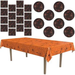 Beistle Spider Web Halloween Party Tableware Bundle – Orange & Black Spider Tablecover, Paper Plates & 2-Ply Luncheon Napkins, Classic Webbed Décor for Spooky Celebrations and Trick-or-Treat Parties