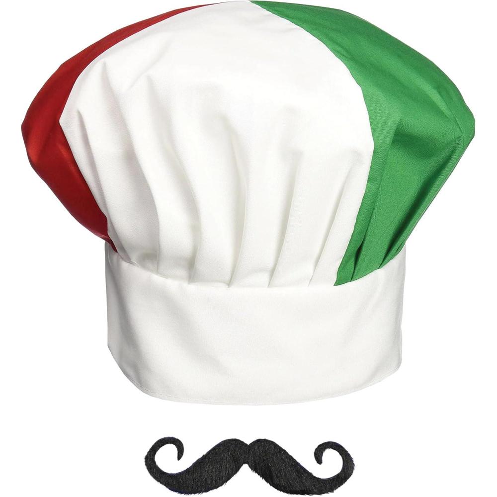 image:imageBeistle Italian Chef Costume Adjustable Red White amp Green Chefs Hat and SelfAdhesive Black Mustache Fun DressUp Accessories for Cooking Events Halloween Costumes Theme Parties amp Photo Props