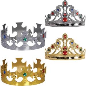 Beistle Jeweled King and Queen Crown Set – Gold and Silver Adjustable Plastic Crowns and Tiaras with Gem Accents, Royal Costume Accessories for Pageants, Plays, Proms, Parties and Themed Celebrations