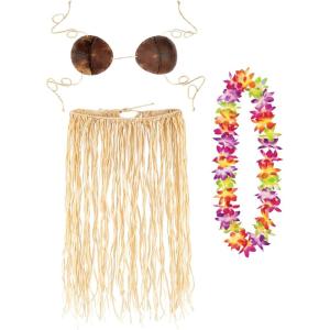 Beistle Tropical Luau Costume – Extra Large Raffia Hula Skirt, Adjustable Coconut Bikini Top & Multi-Color Floral Lei, Hawaiian Party Dress-Up Set for Beach Events, Summer Celebrations & Festivals