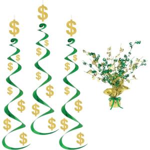 Beistle Money-Themed Party Decorations – Dollar Sign Gleam ’N Burst Centerpiece and Hanging Dollar Whirls, Green and Gold Table & Ceiling Décor for Casino Nights, Fundraisers & Vegas Game Nights