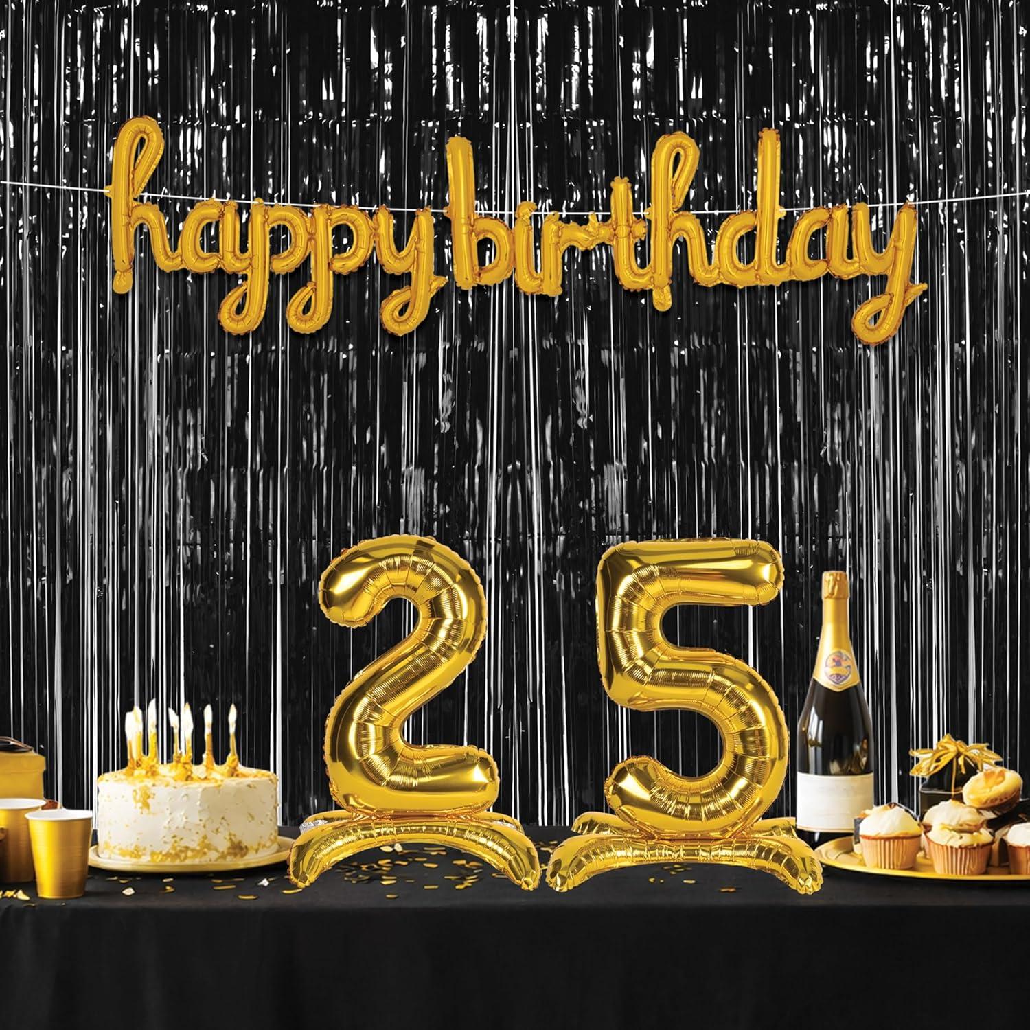 image:imageBeistle 25th Birthday Backdrop Bundle Gold Script Happy Birthday Balloon Banner SelfStanding 25 Number Balloons amp 2 Black Fringe Curtains Milestone Party Decoration Set for Photo Booth Wall