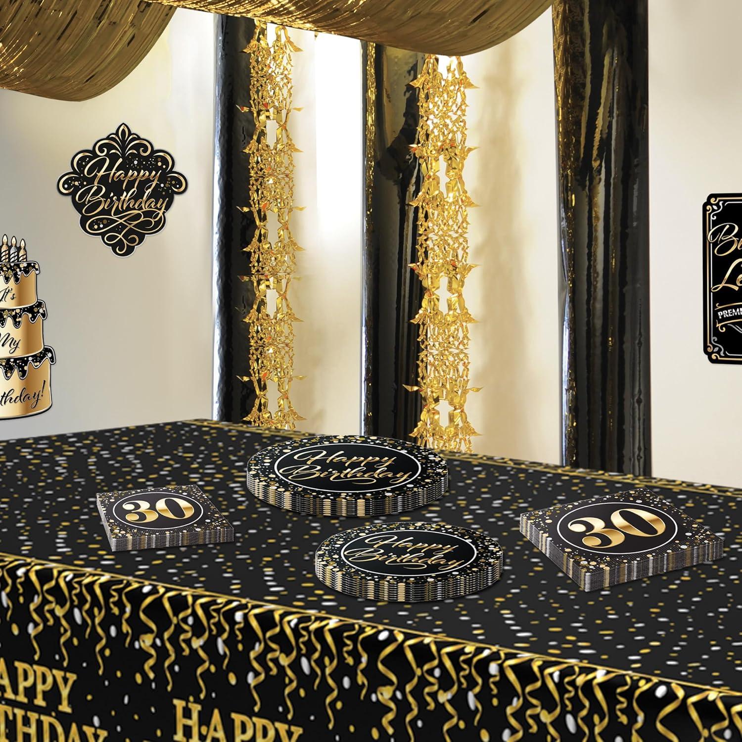 image:imageBeistle 30th Birthday Party Tableware Kit Black and Gold Thirtieth Milestone Celebration Dcor Set with Plates Napkins amp Tablecover 30 Birthday Decorations with Metallic Confetti Design Serves 16
