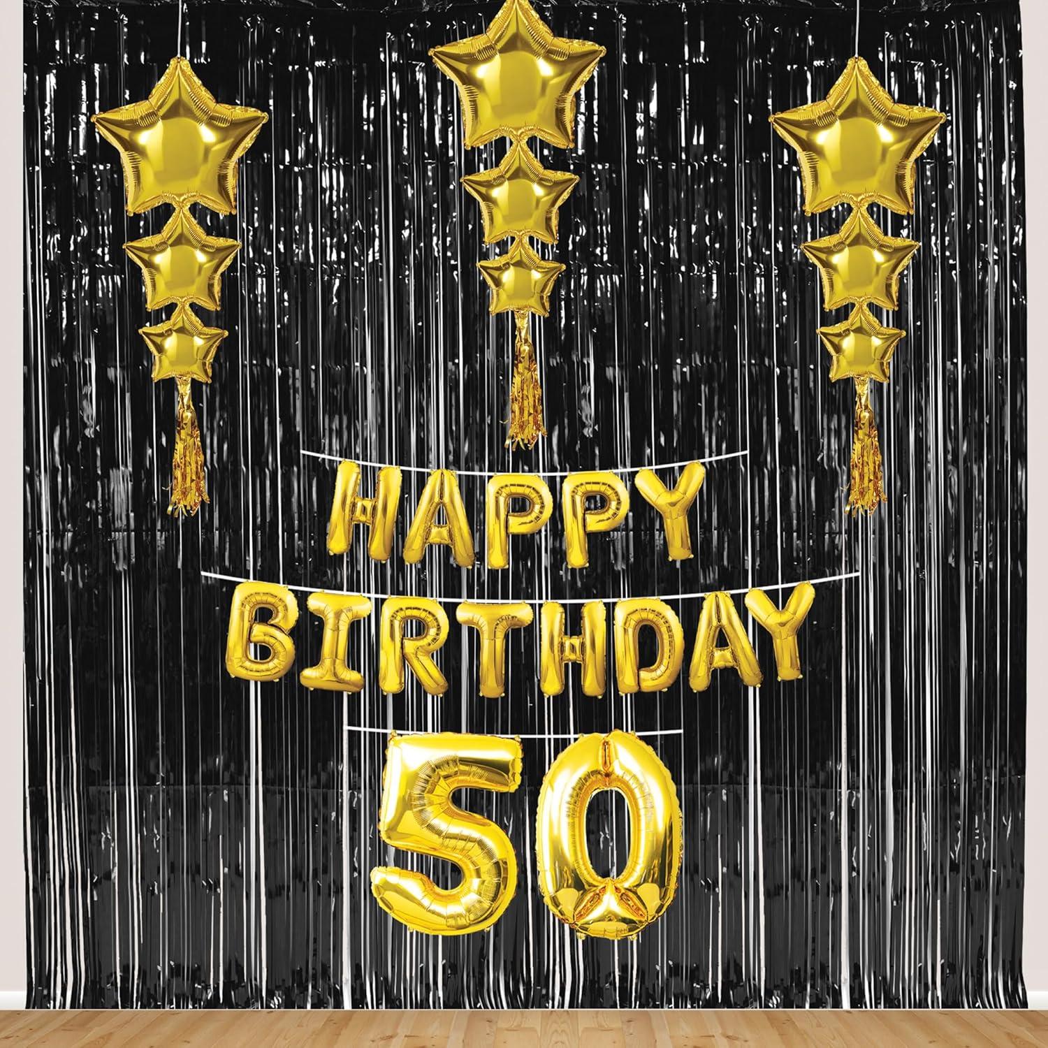 image:imageBeistle 50th Birthday Backdrop Bundle Gold Happy Birthday 50 Foil Balloon Banner Star Balloons with Tassels amp 2 Black Fringe Curtains 8 x 3 Photo Booth Wall Dcor for Milestone Parties