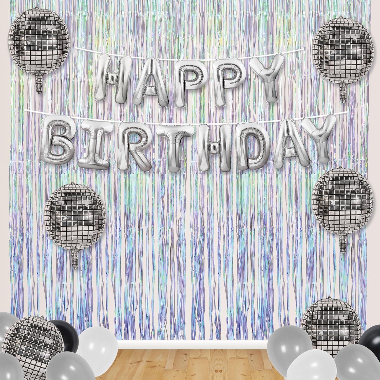 image:imageBeistle Disco Birthday Backdrop Bundle Silver Metallic Happy Birthday Balloon Banner 6 Foil Disco Ball Balloons amp 2 Iridescent Fringe Curtains Photo Booth Dcor for Dance Party Celebrations
