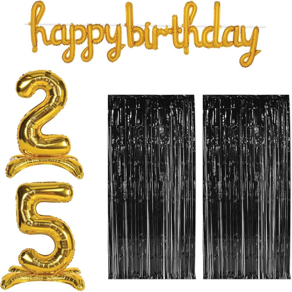 image:imageBeistle 25th Birthday Backdrop Bundle Gold Script Happy Birthday Balloon Banner SelfStanding 25 Number Balloons amp 2 Black Fringe Curtains Milestone Party Decoration Set for Photo Booth Wall