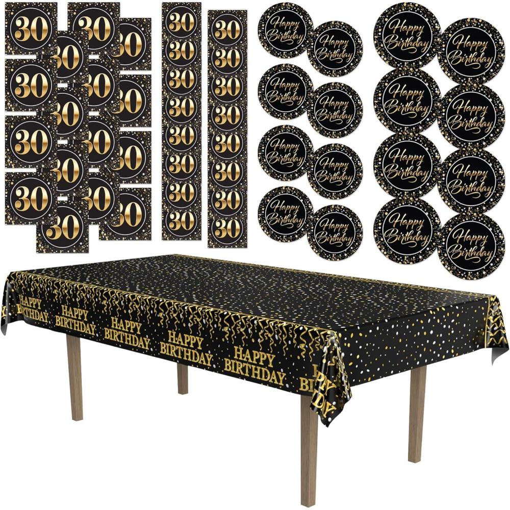 image:imageBeistle 30th Birthday Party Tableware Kit Black and Gold Thirtieth Milestone Celebration Dcor Set with Plates Napkins amp Tablecover 30 Birthday Decorations with Metallic Confetti Design Serves 16