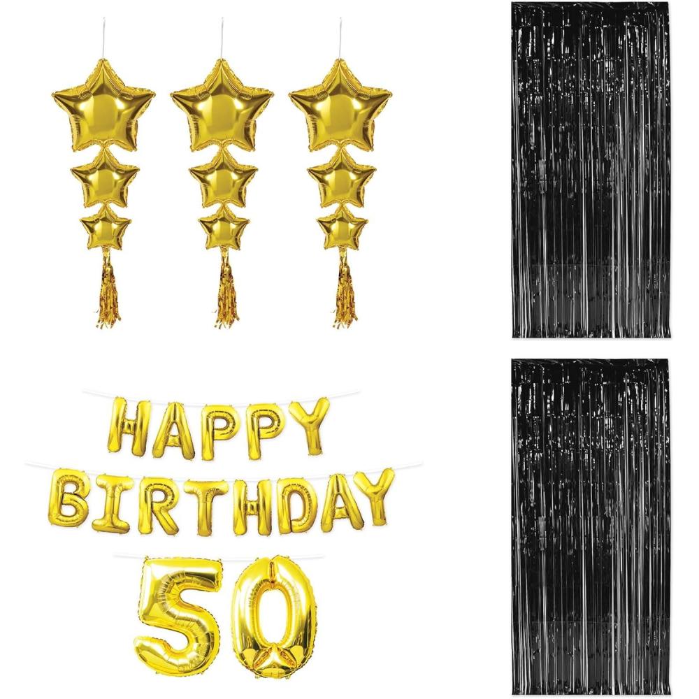 image:imageBeistle 50th Birthday Backdrop Bundle Gold Happy Birthday 50 Foil Balloon Banner Star Balloons with Tassels amp 2 Black Fringe Curtains 8 x 3 Photo Booth Wall Dcor for Milestone Parties