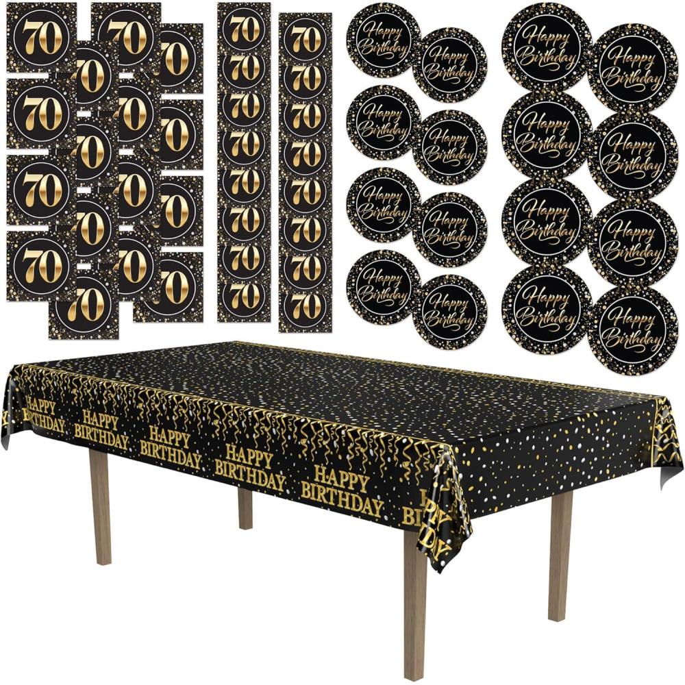 image:imageBeistle 70th Birthday Party Tableware Kit Black amp Gold Seventieth Milestone Celebration Dcor Set with Plates Napkins amp Tablecover 70 Birthday Decorations with Metallic Confetti Design Serves 16